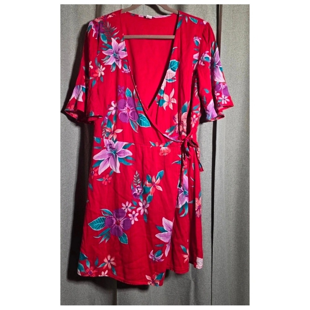 Old Navy Women Red Tropical Floral Wrap Mini Dress Short Flutter Sleeve Large